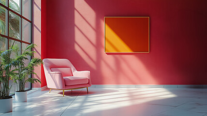 Sticker - A pink chair sits in front of a red wall with a large window