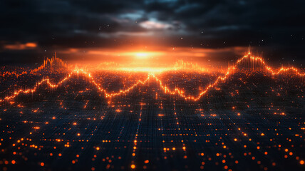 Wall Mural - a computer generated image of a city with a bright orange sun in the background