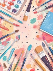 Aufkleber - Colorful collection of educational art supplies spread out on a creative workspace for artistic endeavors. Generative AI