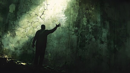 Poster - A dark figure reaching toward a faint beam of light breaking through cracked walls