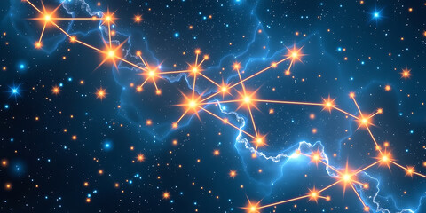 Wall Mural - Nebula Circuitry - Stars connected by glowing circuit paths in deep space. backdrop background digital art crisp oilpinting minimalist sharp details funny background copyspace