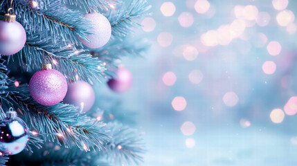 Wall Mural - Festive Christmas tree with pink ornaments and soft bokeh lights