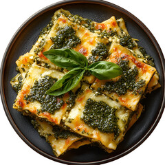 Top view of cooked lasagna with pesto sauce on a dark wooden plate isolated on a white transparent background