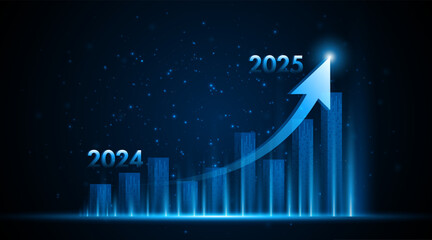 Aufkleber - Arrow pointing upwards for future company growth in 2024 to 2025. Stock market graph with rising candles. Ideas for growing a profitable business or investment	