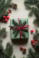 Wall Mural - vertical top view image of a traditional green Christmas gift box with red ribbon, with pine branches, cones and red berries on a light background