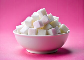 Wall Mural - Close-up of sugar cubes in a pink bowl: a stark reminder of the need for mindful sugar intake to prevent diabetes.