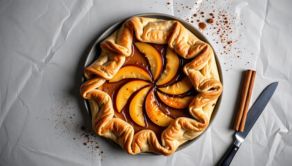 Wall Mural - Roasted Apple and Cinnamon Galette - A rustic freeform apple galette with cinnamon sugar and flaky pastry. background copyspace