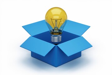 Poster - Innovative lightbulb in blue box signifies new possibilities.