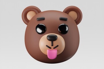 Poster - Playful 3D brown bear emoticon with big eyes and tongue sticking out.