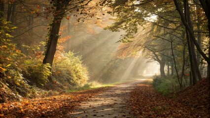 Wall Mural - sunbeams are filtering through trees in a colorful autumn forest, illuminating a path covered with f