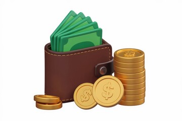 Aufkleber - Brown leather wallet with cash and stacks of gold coins  symbolizing wealth and finance.
