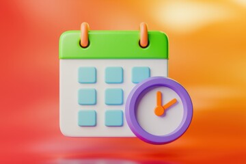 Fototapete - A 3D rendered colorful calendar icon with a clock  symbolizing scheduling and time management.