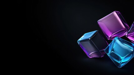 Floating glossy cubes in blue and purple on dark background.