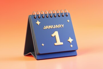 Aufkleber - A stylish dark blue desk calendar displaying January 1st  adorned with golden details.