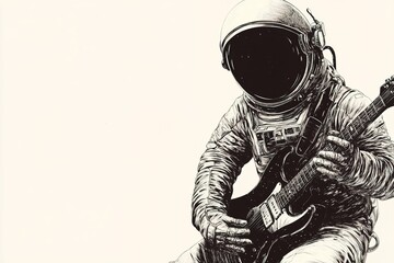 Wall Mural - monochrome ink postcard astronaut in spacesuit and helmet playing the electric guitar with copy space