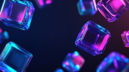 Wall Mural - floating iridescent glass cubes against dark background, rendering.