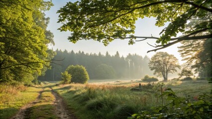 Wall Mural - golden sunlight filters through the branches of lush trees, illuminating a misty forest clearing at 
