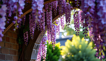 Wall Mural - Wisteria Archway - An enchanting archway of wisteria flowers hanging from above creating a magical passage. background copyspace