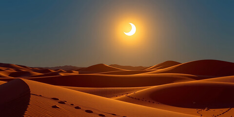 Wall Mural - Moonlit Desert Glow - The desert glowing under a crescent moon. backdrop background digital art crisp oilpinting minimalist sharp details funny background copyspace