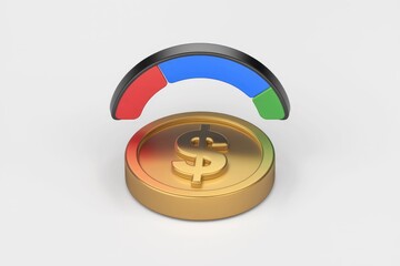 Poster - A gold coin with a dollar sign is shown under a multi colored progress indicator.