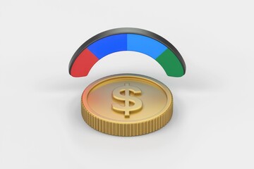 Poster - A gold coin with a dollar sign is topped by a segmented semicircle representing financial metrics.