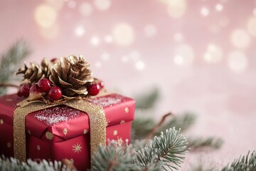 Wall Mural - close-up red Christmas gift box with golden bow, with fir branch and pine cones on a pastel pink bokeh background with copy space