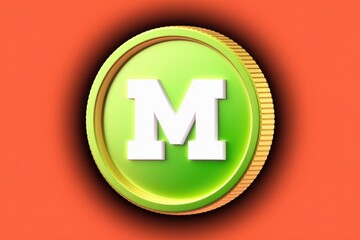 Aufkleber - A green coin with a white capital M in the center  on an orange background.