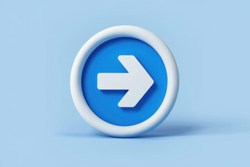 Fototapete - A 3D rendered blue circle with a white arrow pointing right  signifying next  forward or continue.