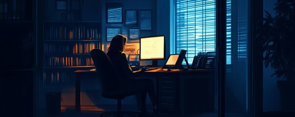 Businesswoman using a computer in a dark office