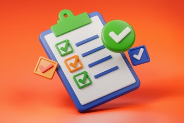 Fototapete - 3D rendering of a checklist with colorful checkmarks  symbolizing task completion and organization.