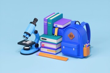 Poster - Backpack  books  microscope  and ruler; essential tools for education and scientific exploration.