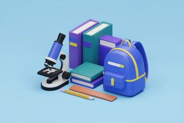 Poster - Backpack  books  microscope  pencil  and ruler symbolize education and learning.