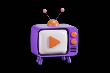 Fototapete - A 3D render of a retro purple television with a play button  symbolizing video content.