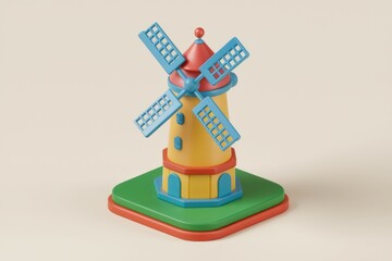Poster - Colorful cartoon windmill on layered platform with playful design.