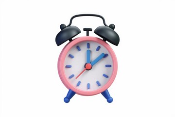 Poster - A pink alarm clock with black bells and blue hands shows the time.