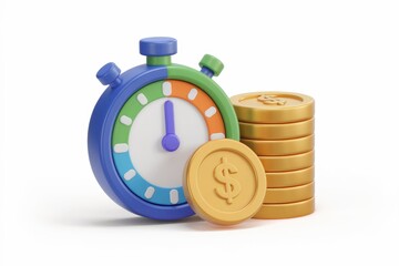 Aufkleber - A colorful stopwatch beside a stack of gold coins  symbolizing time and money.