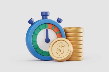 Aufkleber - Time is money  stopwatch and coin stack symbolizing financial efficiency and timely investments.