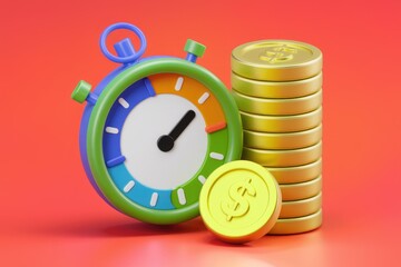 Aufkleber - A colorful stopwatch and stack of gold coins illustrate the concept of time is money.