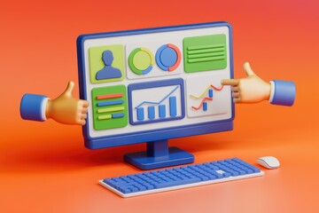 Aufkleber - Computer screen with charts and graphs and positive feedback animation.