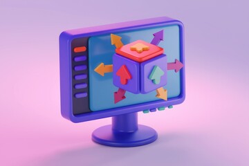 Fototapete - 3D cube with arrows on computer monitor symbolizes data flow.