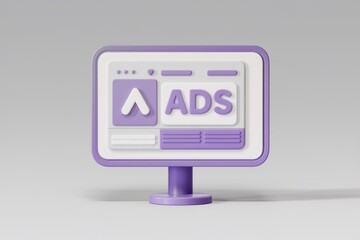 Poster - 3D render of a computer screen displaying ads  symbolizing online advertising and digital marketing.