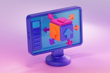 Aufkleber - 3D cube on screen with arrows showing data flow.