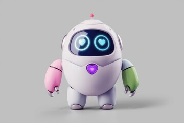 Poster - Cute  heart eyed robot with pastel colored arms  standing on a gray background.