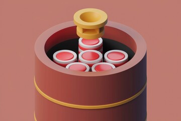 Fototapete - Abstract 3D rendering of red and white cylinders being inserted into a larger container.
