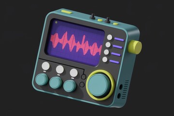 Poster - Retro styled digital audio workstation with waveform display and various control knobs.