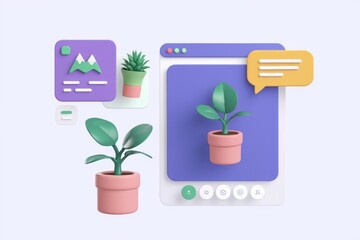 Aufkleber - 3D website interface with potted plants symbolizes growth and communication.