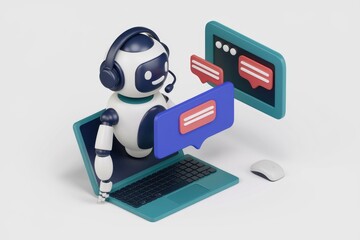 Leinwandbilder - Customer support robot on laptop provides chat assistance.