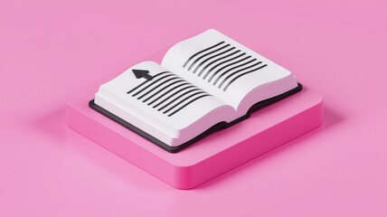 Poster - A 3D rendered open book icon on a pink platform  symbolizing reading and knowledge.