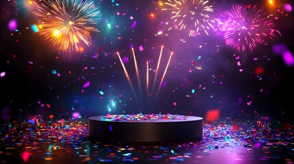 Wall Mural - A modern podium with a sleek design, surrounded by colorful confetti, glowing party lights, and a vibrant New Year is fireworks display in the background