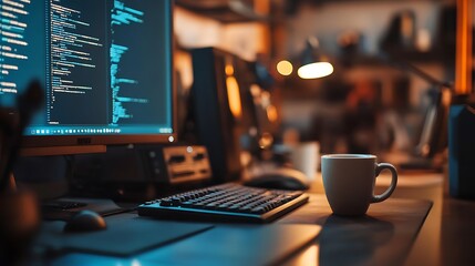 Nighttime Coding Session: Desktop Computer and Coffee in a Home Office. AI Generated